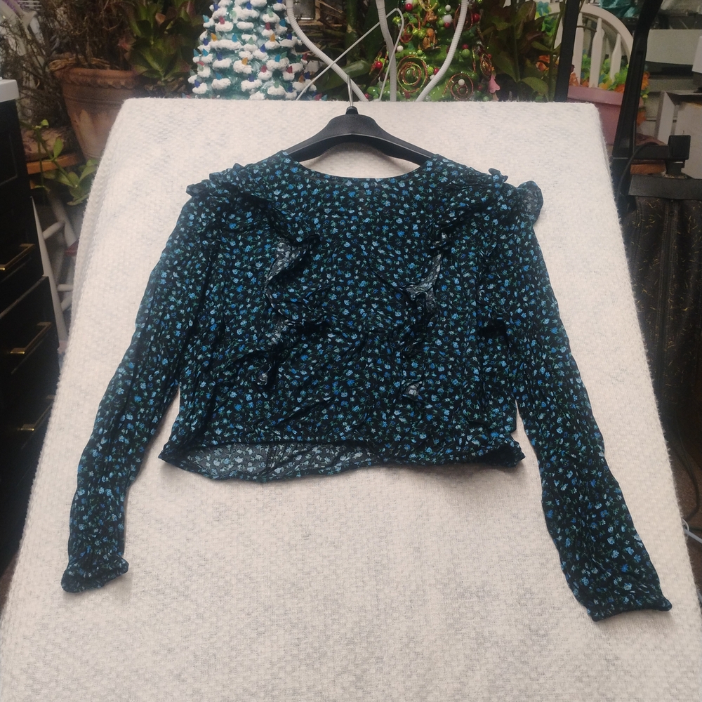 NWT Women’s Blue Floral Ruffle Blouse Long Sleeve XL Boho Cottagecore Flowy Top